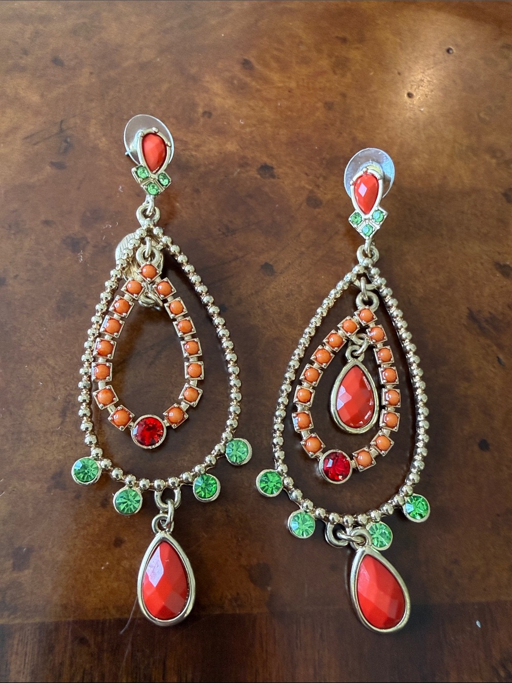 Statement Teardrop Dangle Earrings with Coral and Green Stones